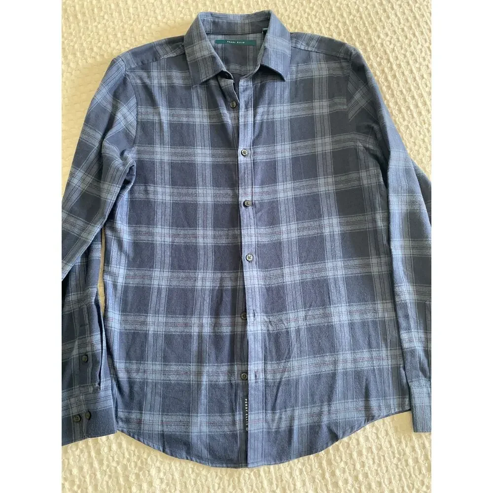 Perry Ellis Mens Blue Plaid Lightweight‎ Flannel Button Up Sz S